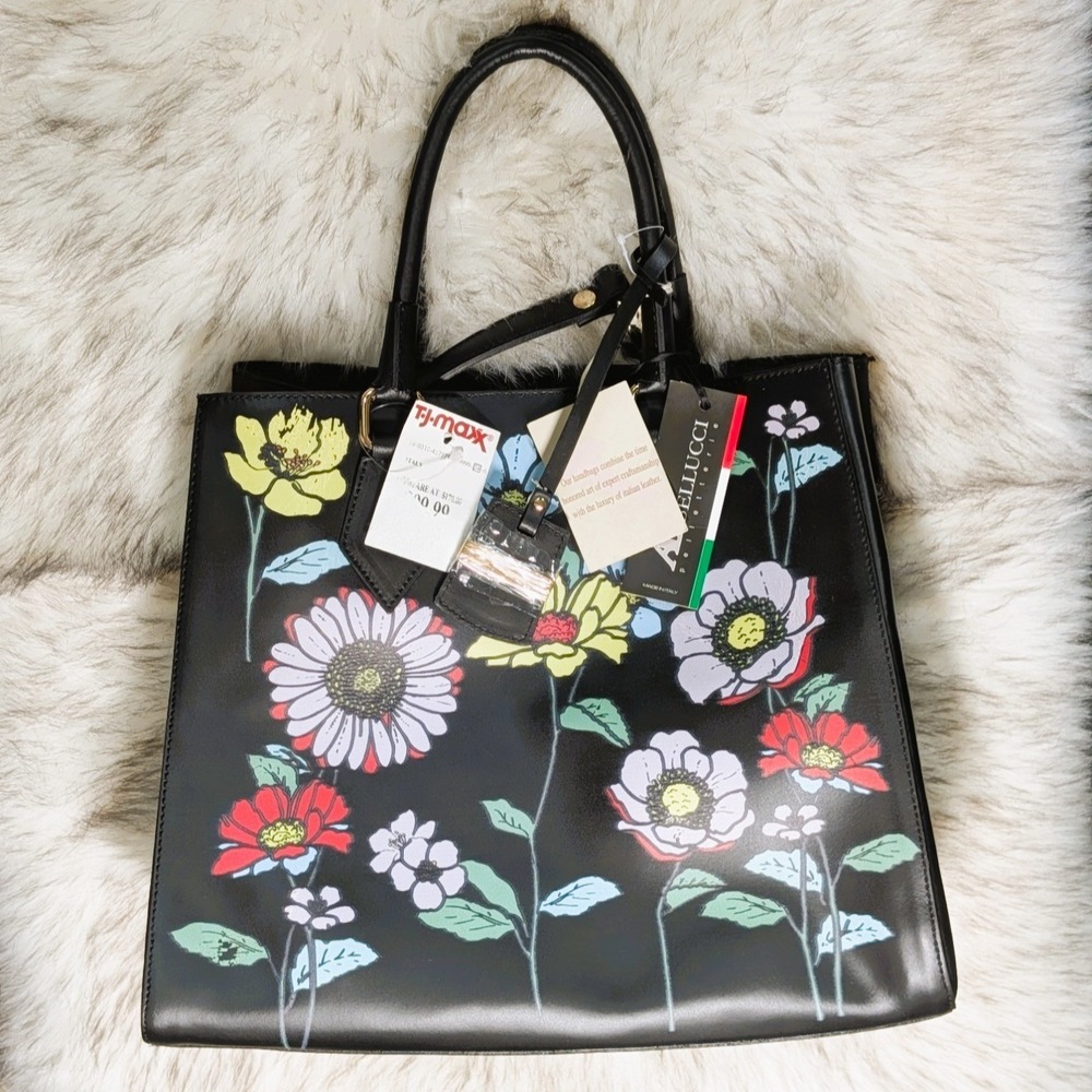 A.BELLUCCI Genuine Leather Multi Color Floral Print Purse with Dust Bag